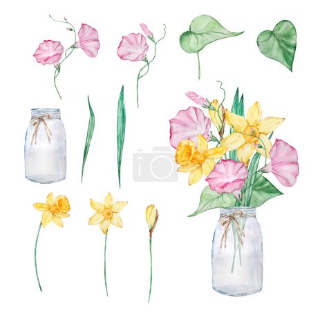 Acuarela ramo de flores del mes de nacimiento en jarrón, diseño para impresiones y tarjetas