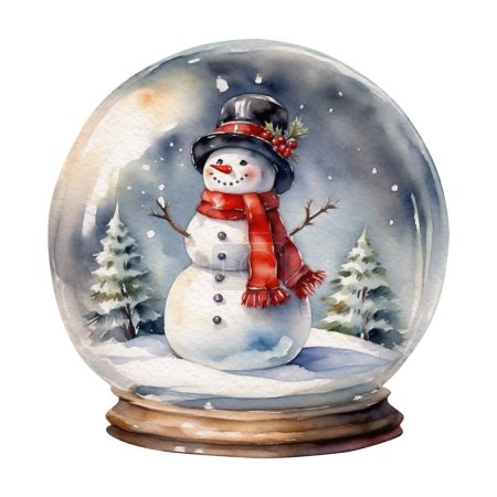 Téléchargez les photos : Boule de neige de Noël aquarelle avec bonhomme de neige, hiver confortable - en image libre de droit