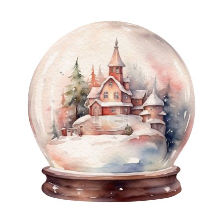 Téléchargez les photos : Boule de neige de Noël aquarelle avec maison de neige, hiver confortable - en image libre de droit