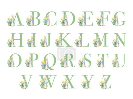 Foto de Alfabeto verde con conejo acuarela, letras infantiles - Imagen libre de derechos