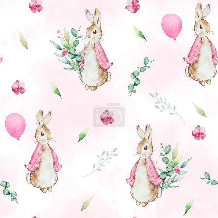 Acuarela lindo conejo Flopsy con globo y patrón sin costura floral, fondo de vivero