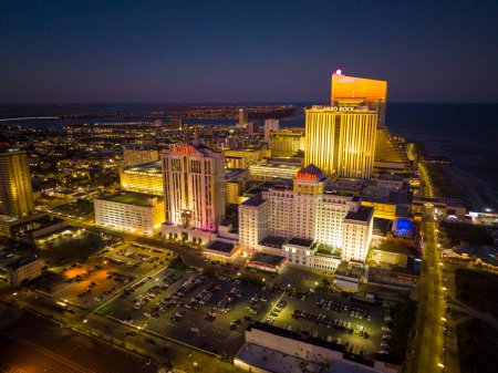 Photo for Resorts Casino Hotel aerial view at Boardwalk at night in Atlantic City, New Jersey NJ, USA. - Royalty Free Image