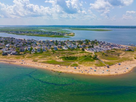Photo for Plum Island Beach aerial view at the northern most point of Plum Island at the mouth of Merrimack River to Atlantic Ocean, Newburyport, Massachusetts MA, USA. - Royalty Free Image