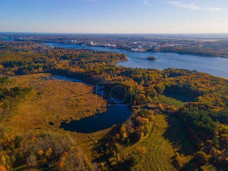 Photo for Eliot historic town center and Piscataqua River aerial view in fall with Portsmouth city at the background on Eliot Common, town of Eliot, Maine ME, USA. - Royalty Free Image