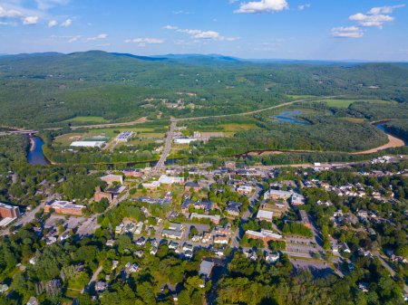 Photo for Plymouth State University and Pemigewasset River aerial view with White Mountain National Forest at the background in summer in historic town center of Plymouth, New Hampshire NH, USA. - Royalty Free Image