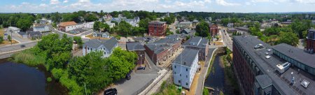 Methuen downtown including Spicket Mill at Spicket River aerial view at Pleasant Street and Broadway in historic city center of Methuen, Massachusetts MA, USA. 