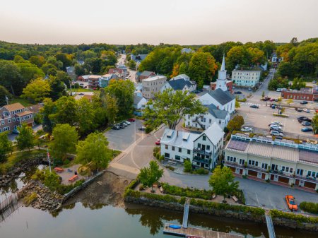 Photo for Newmarket Community Church aerial view on Main Street in historic town center of Newmarket, New Hampshire NH, USA. - Royalty Free Image