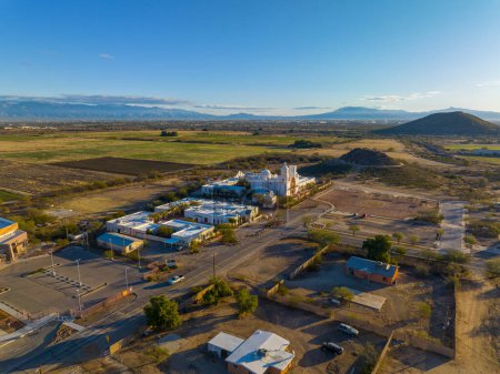 Foto de Mission San Xavier del Bac aerial view in Tohono O'odham Nation Indian Reservation near city of Tucson, Arizona AZ, USA. - Imagen libre de derechos