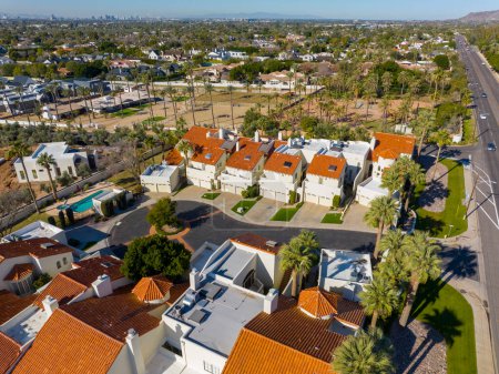 Photo for Luxurious historic mansion aerial view at La Montana Camelback at the foot of Camelback Mountain in Arcadia district in city of Phoenix, Arizona AZ, USA. - Royalty Free Image