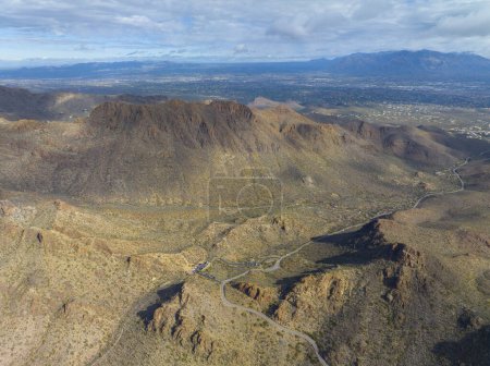 Photo for Bushmaster Peak and Gates Pass Road aerial view in Tucson Mountains with Sonoran Desert landscape from Gates Pass near Saguaro National Park in city of Tucson, Arizona AZ, USA. - Royalty Free Image