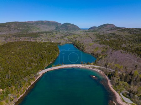 Acadia National Park aerial view including Cadillac Mountain and Otter Cove Bridge over the cove on Mt Desert Island, Maine ME, USA.  