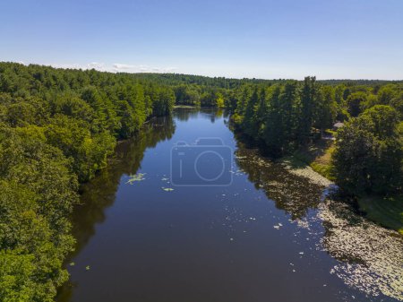 Photo for Russell Millpond aerial view on River Meadow Brook near Russell Mill in town of Chelmsford, Massachusetts MA, USA. - Royalty Free Image