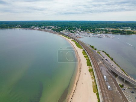 Photo for Niantic Beach and Boardwalk aerial view in a cloudy day between Niantic River and Niantic Bay in village of Niantic, East Lyme, Connecticut CT, USA. - Royalty Free Image