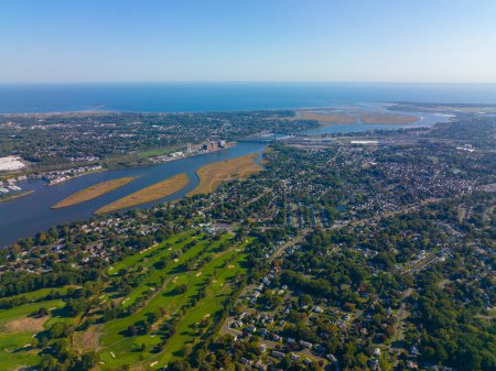 Photo for Stratford town landscape aerial view and Housatonic River mouth to the Atlantic Ocean in town of Stratford, Connecticut CT, USA. - Royalty Free Image