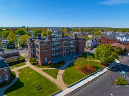 Saint Agnes School aerial view at 39 Medford Street in historic town center of Arlington, Massachusetts MA, USA. 