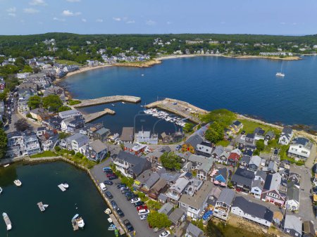 Rockport Harbor aerial view including Bearskin Neck and Back Beach at Back Harbor in historic waterfront village of Rockport, Massachusetts MA, USA. 