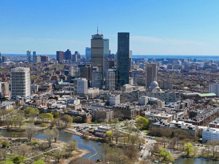 Photo for Boston Back Bay modern city skyline including John Hancock Tower, Prudential Tower, and Four Season Hotel at One Dalton Street from Fenway on Huntington Avenue in Boston, Massachusetts MA, USA. - Royalty Free Image