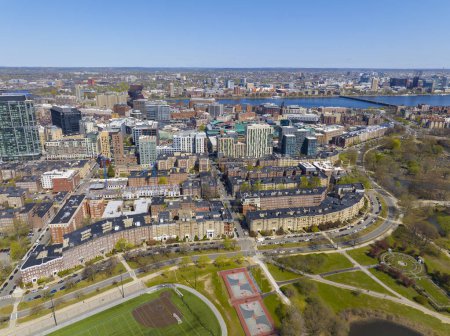 Photo for Boston Fenway district modern city skyline and Emerald Necklace Conservation Park with Charles River and Cambridge at the background in Boston, Massachusetts MA, USA. - Royalty Free Image
