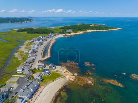 Photo for Minot Beach aerial view with Scituate Neck at the background in village of Minot, town of Scituate, Massachusetts MA, USA. - Royalty Free Image