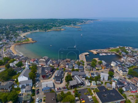 Rockport Harbor aerial view at Sandy Bay in historic waterfront village of Rockport, Massachusetts MA, USA. 