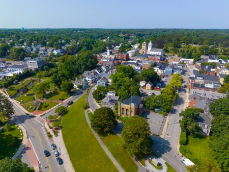 Plymouth historic town center aerial view including Town Square on Main Street, Plymouth, Massachusetts MA, USA. 