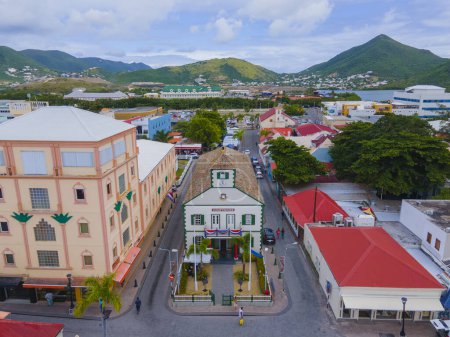 Photo for Sint Maarten Courthouse aerial view on Cyrus Wathey Square on Front Street in historic center of Philipsburg in Sint Maarten, Dutch Caribbean. - Royalty Free Image