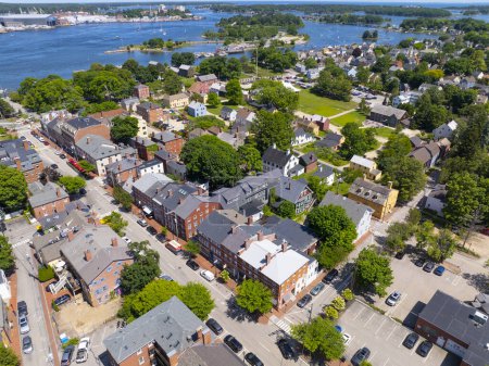 Photo for Strawbery Banke Museum aerial view 14 Hancock Street with Piscataqua River at the back in city of Portsmouth, New Hampshire NH, USA. - Royalty Free Image