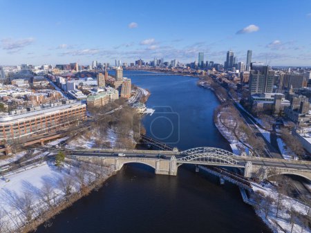 Photo for Boston University Bridge across Charles River aerial view with Cambridge on the left and Boston Back Bay on the right in winter, Boston, Massachusetts MA, USA. - Royalty Free Image