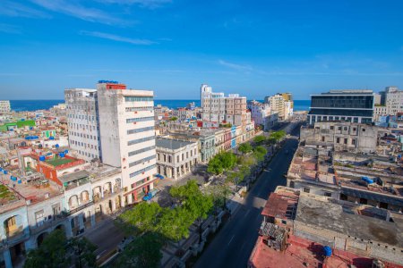 Paseo del Prado aerial view with modern skyscrapers in Vedado at the background in Havana, Cuba. Old Havana is a World Heritage Site. 