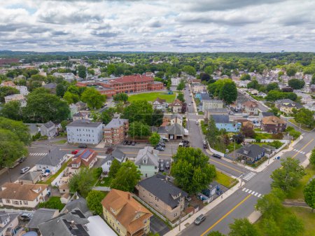 South Lawrence historic city by Merrimack River aerial view including Emily G. Wetherbee School on Newton Street in city of Lawrence, Massachusetts MA, USA. 