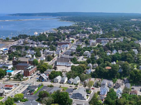 Plymouth historic city center on Court Street aerial view with Plymouth Harbor at the background in town of Plymouth, Massachusetts MA, USA. 