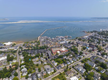 Plymouth marina aerial view including Mayflower and Plymouth Jetty at Plymouth Harbor, Plymouth, Massachusetts MA, USA. 