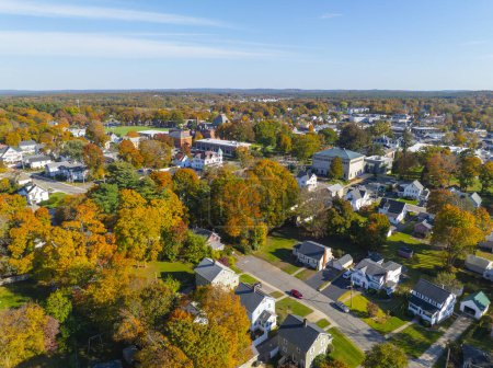 Dean Hall aerial view in fall in main campus of Dean College in historic town center of Franklin, Massachusetts MA, USA. 