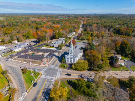 Original Congregational Church aerial view at Town Common on 1 East Street in historic town center of Wrentham, Massachusetts MA, USA. 