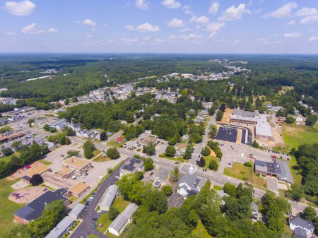 Luftaufnahme des historischen Stadtzentrums von Hampton mit First Congregational Church und Hampton Academy, Hampton, New Hampshire NH, USA. 