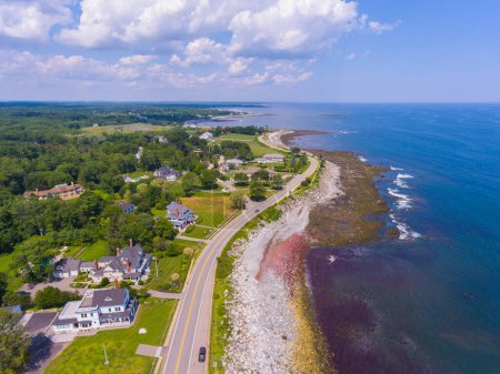 Fox Hill Point vue aérienne avec maisons historiques en bord de mer sur Ocean Boulevard dans la ville de North Hampton, New Hampshire NH, États-Unis.