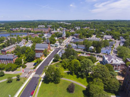 Exeter historic town center aerial view including Congregational Church on Front Street town of Exeter, New Hampshire NH, USA. 
