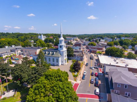 Unitarian Church Marlborough and Town Hall aerial view on Main Street in town center of Hudson, Massachusetts MA, USA. 