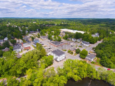 Pepperell historic town center aerial view on Main Street in summer with Nashua River at the back, town of Pepperell, Massachusetts MA, USA.