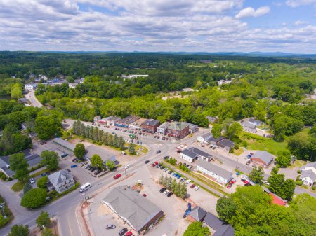 Pepperell historic town center aerial view on Main Street in summer with Nashua River at the back, town of Pepperell, Massachusetts MA, USA.