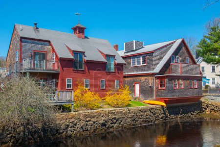 Waterfront residential houses in historic town center of Manchester-by-the-Sea, Cape Ann, Massachusetts MA, USA. 
