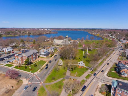 Wakefield historic town center aerial view on town common with Lake Quannapowitt at the back in Wakefield, Massachusetts MA, USA. 