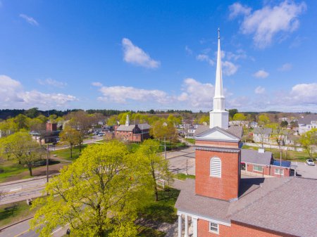 Tewksbury Town Hall and Congregational Church aerial view in spring on Town Common in historic town center of Tewksbury, Middlesex County, Massachusetts MA, USA. 