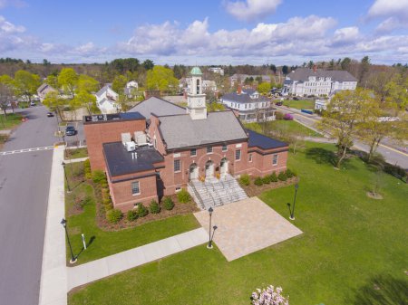 Tewksbury Town Hall aerial view in spring at 1009 Main Street on Town Common in historic town center of Tewksbury, Middlesex County, Massachusetts MA, USA. 