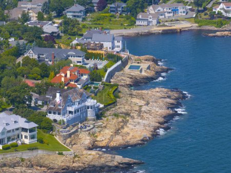 Waterfront houses at Preston Beach aerial view in summer between town of Marblehead and Swampscott in Massachusetts MA, USA. 