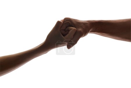 Foto de Conceptual of Male and female hands connected with each other together and forever isolated on white background with clipping path for easy in your design. Concept of Care, Support and Love. Focus and blur. - Imagen libre de derechos
