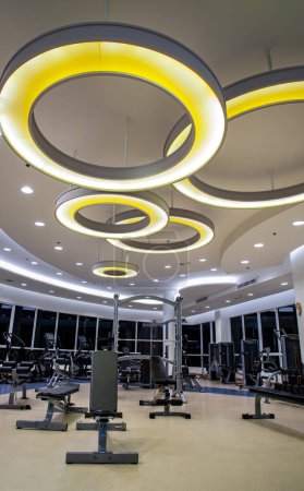 Photo for Bangkok, Thailand - Jul 25, 2023 - Modern interior of Gym room or Fitness studio with Fitness equipment and Machines for Fitness events and Health. Space for text, Selective focus. - Royalty Free Image
