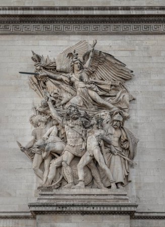 Photo for France, Paris - Jan 03, 2024 - Detail of a sculptural group is a monumental stone high relief. Departure of the Volunteers of 1792 which is and is the most famous statue commonly known as La Marseillaise on the north pillar of the Arc de Triomphe, Pl - Royalty Free Image
