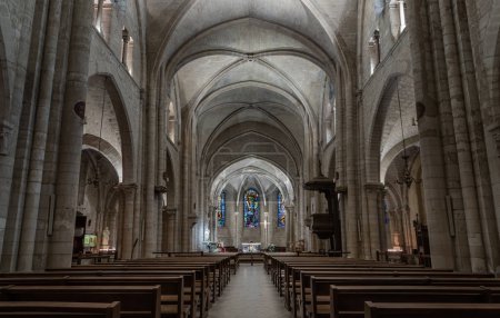 Photo for France, Paris - Jan 02, 2024 - Interior of Saint-Pierre de Montmartre Church in Paris. View of the nave and gothic rib vault ceiling at the Paroisse Saint Pierre de Montmartre or the Church of Saint Peter of Montmartre, France is one of the oldest su - Royalty Free Image