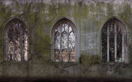 Photo for London, UK - Feb 27, 2024 - The ancient ruins church windows taken over by ivy growth of St Dunstan in the East Church Garden. The historic church was bombed and destroyed in the Second World War and is now a park, London city hidden places, Space fo - Royalty Free Image